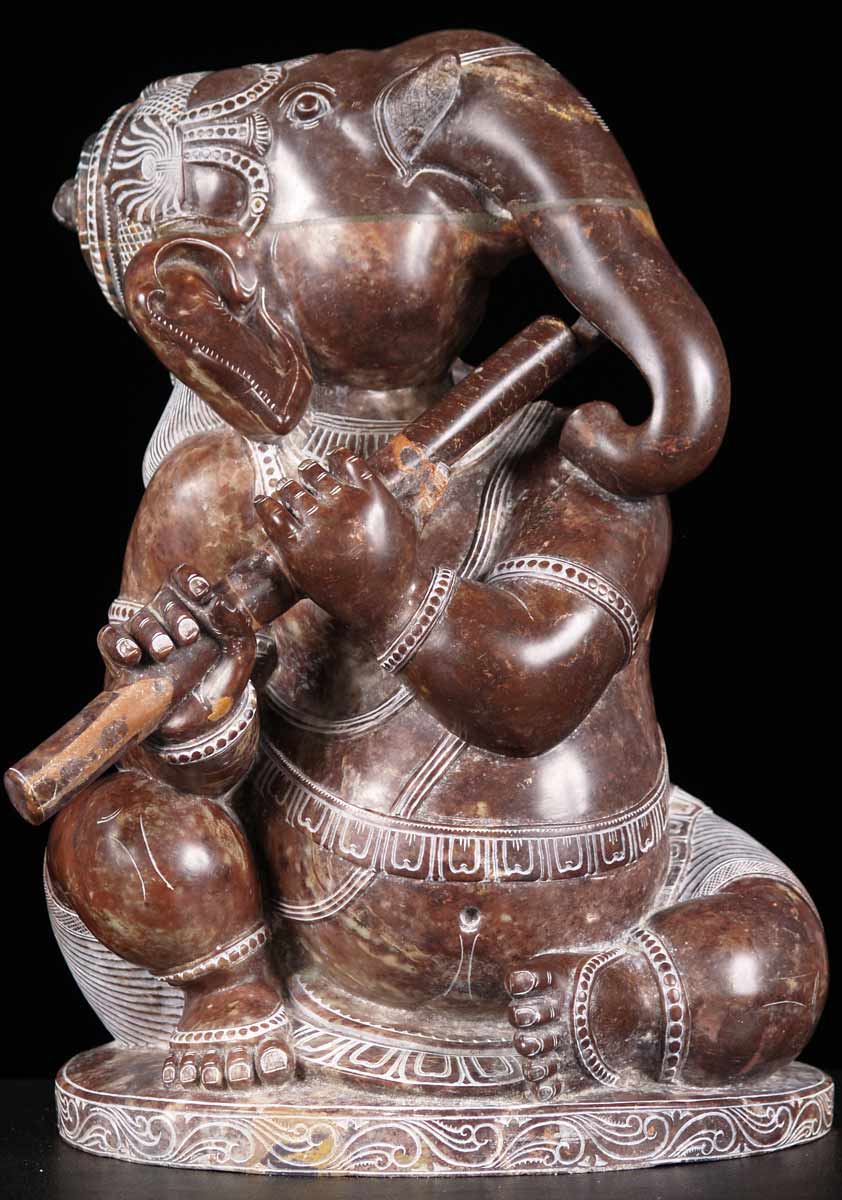 Marble Ganesh Statue Playing Flute 17"