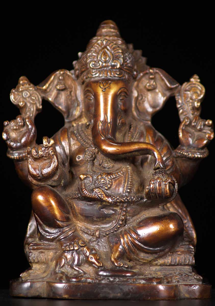 Brass Seated Ganesha with Rat 6"