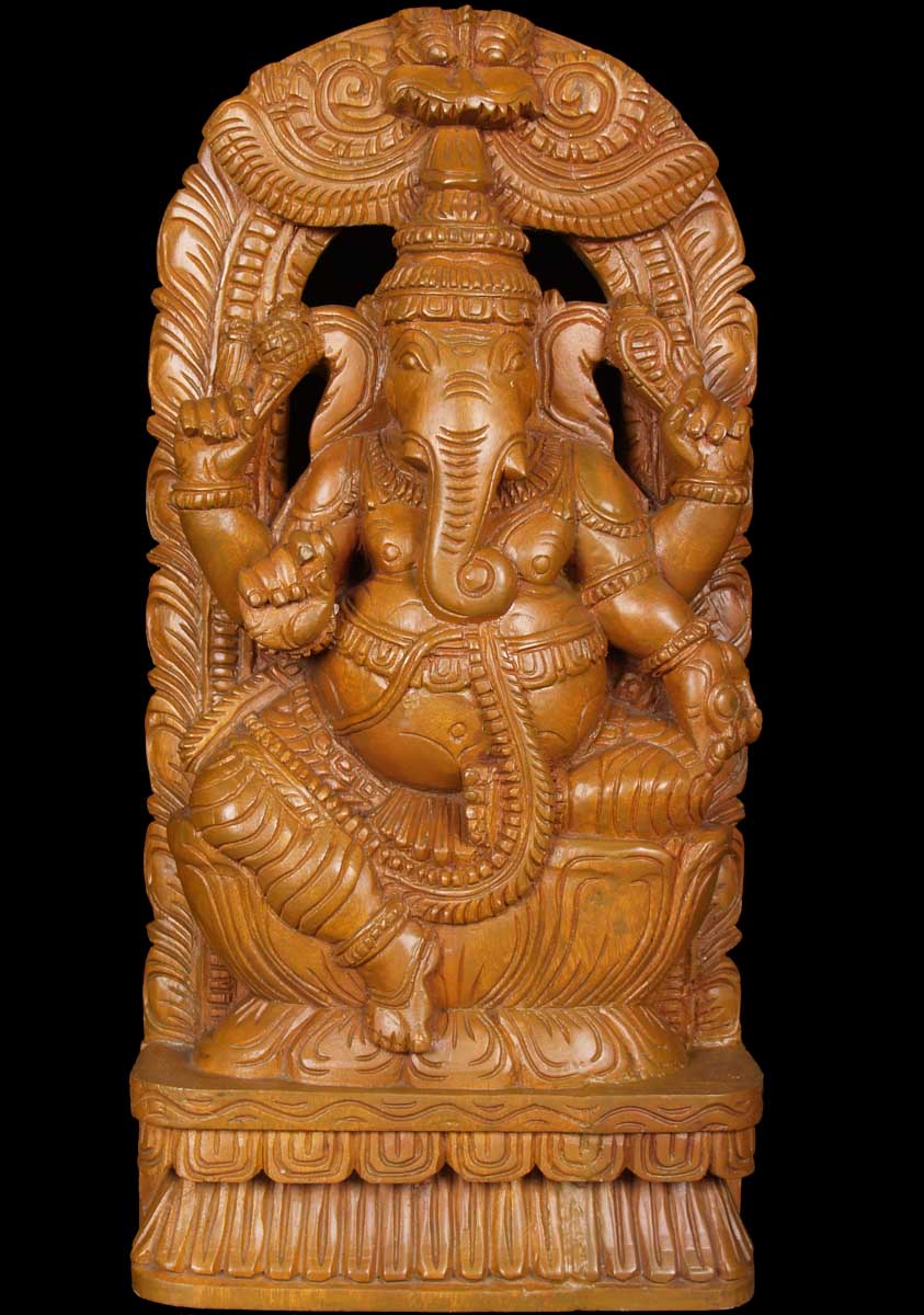 Ganesha Wood Carving with Rat 18"