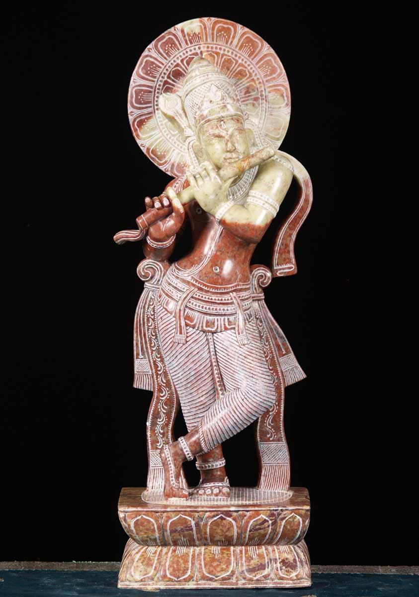 Red Marble Gopal Krishna Statue 19"