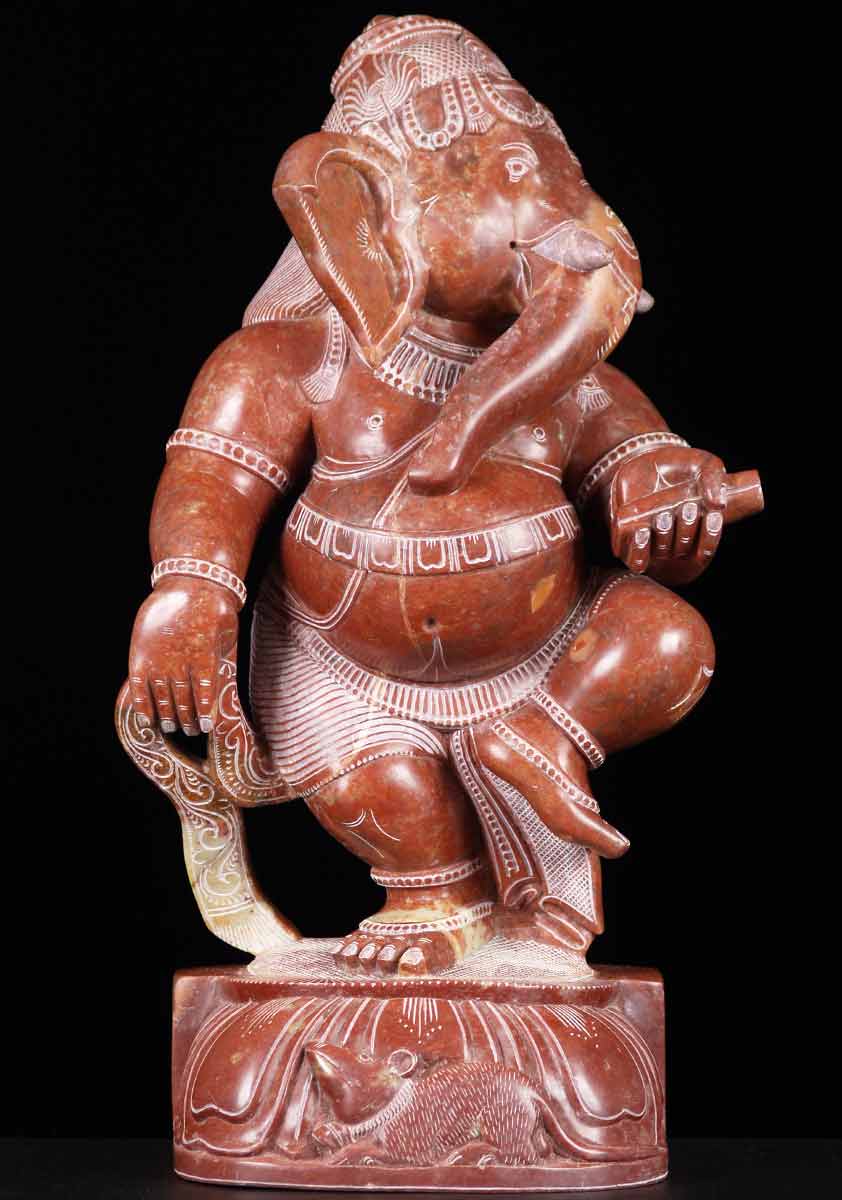 Red Marble Dancing Ganesha with Rat Statue 18"