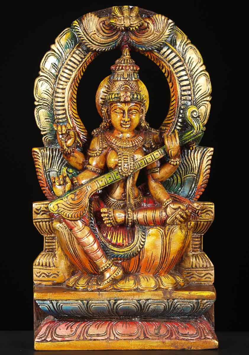 Wood Saraswati with Mahakala Statue 18"