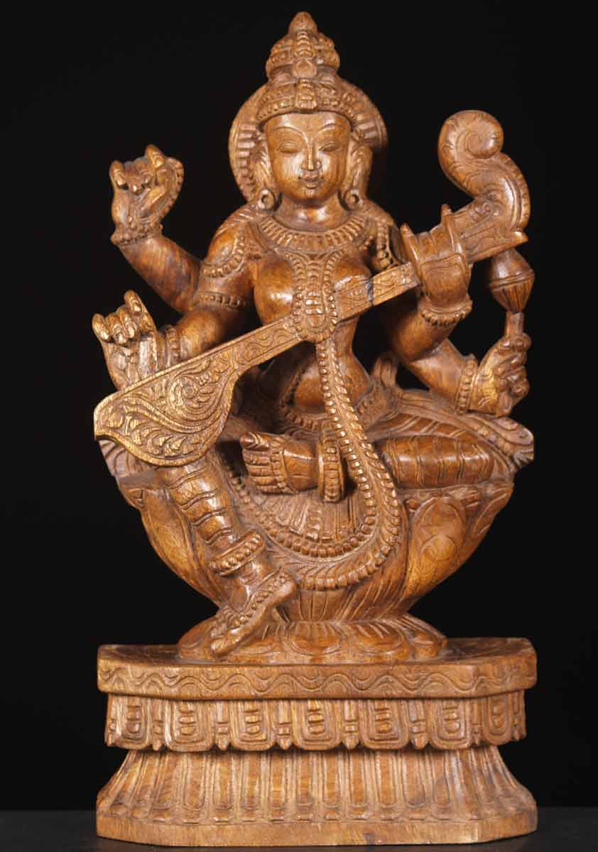 Wood Saraswati Playing the Veena 18"