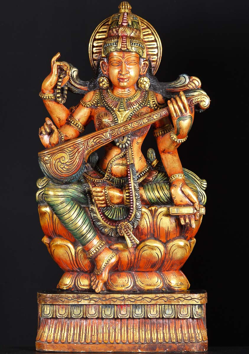Wood Saraswati Playing Veena 36"