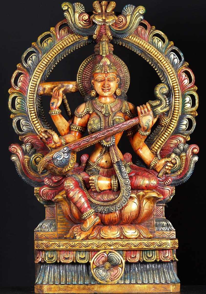Wooden Hindu Goddess Saraswati 36"