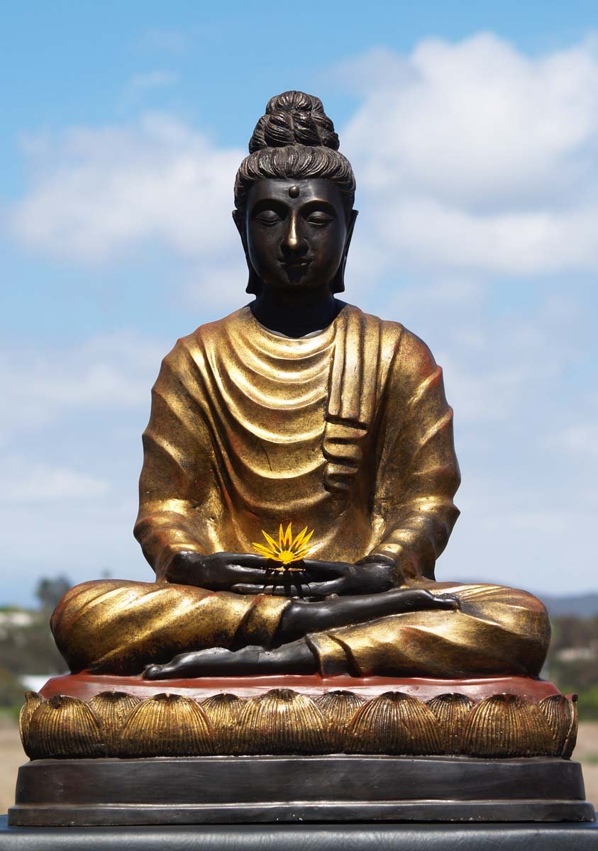 Brass Meditating Gandhara Buddha Statue with Hair Up in a Bun Perfect  Indoors & Outdoors 26