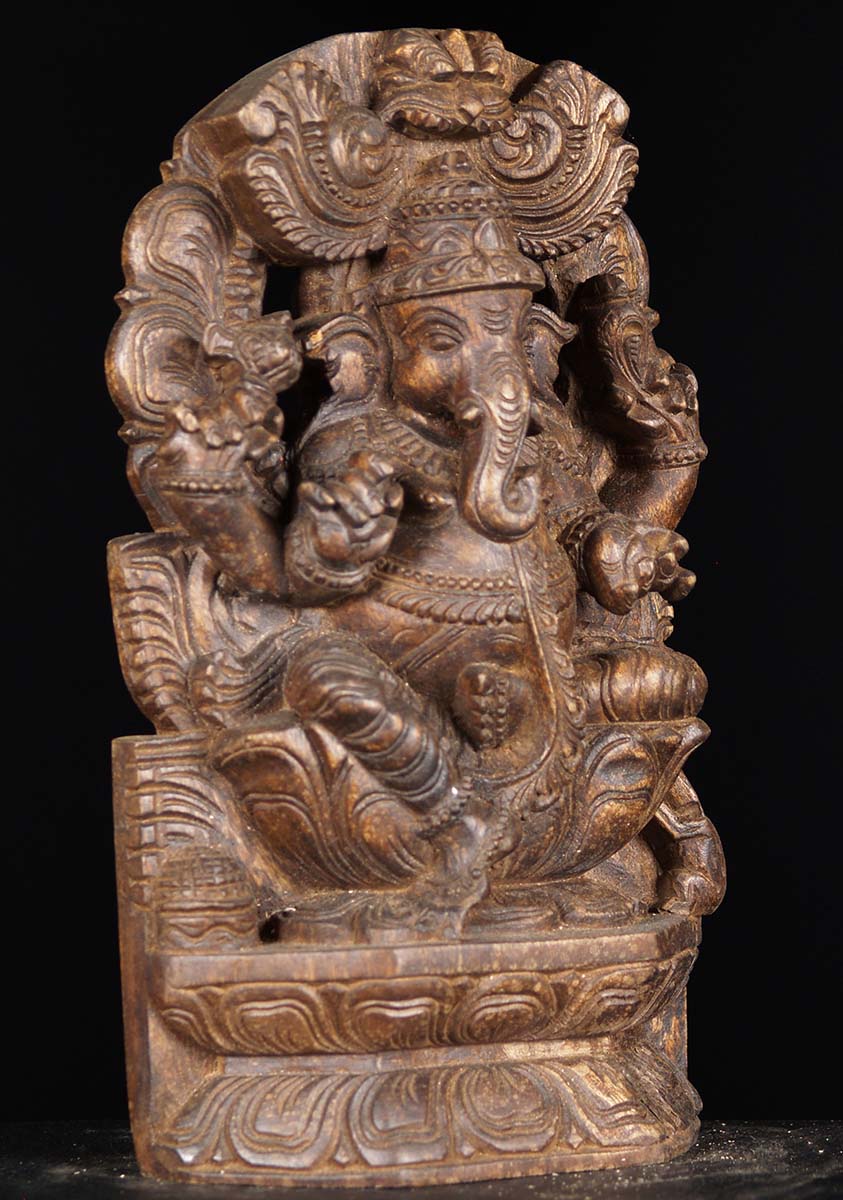 Wooden Ganesh Statue Seated with Arch 12"