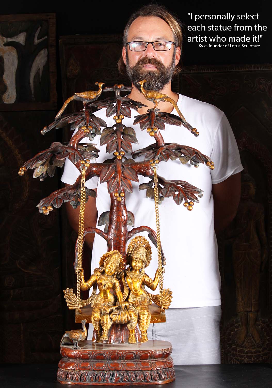 SOLD Gold & Copper Brass Radha Krishna in Loving Embrace Statue Seated on Swing  with Peacock 34"