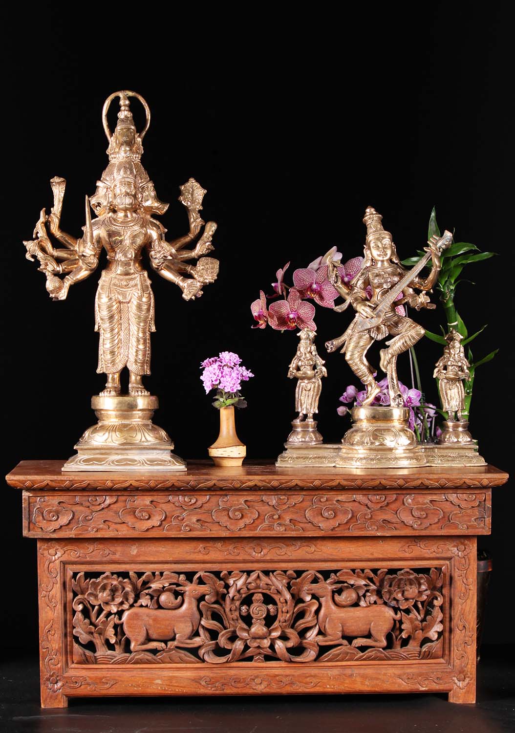Bronze Saraswati With 2 Deepalakshmi Statues 13"