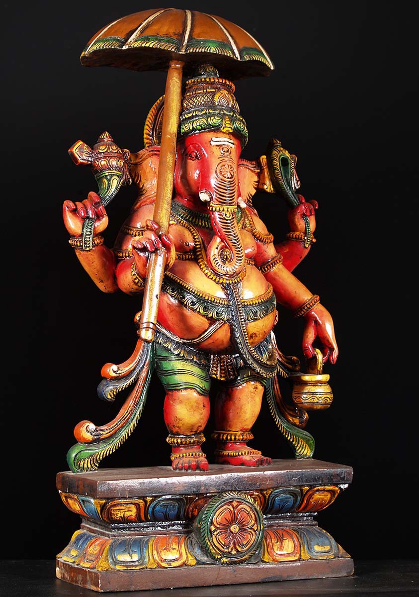 Wooden Colored Ganesh Holding Umbrella 36"