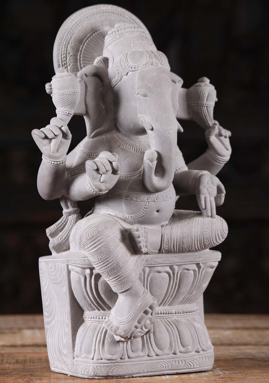 Marble Ganesh on Lotus Base Holding Tusk 15"