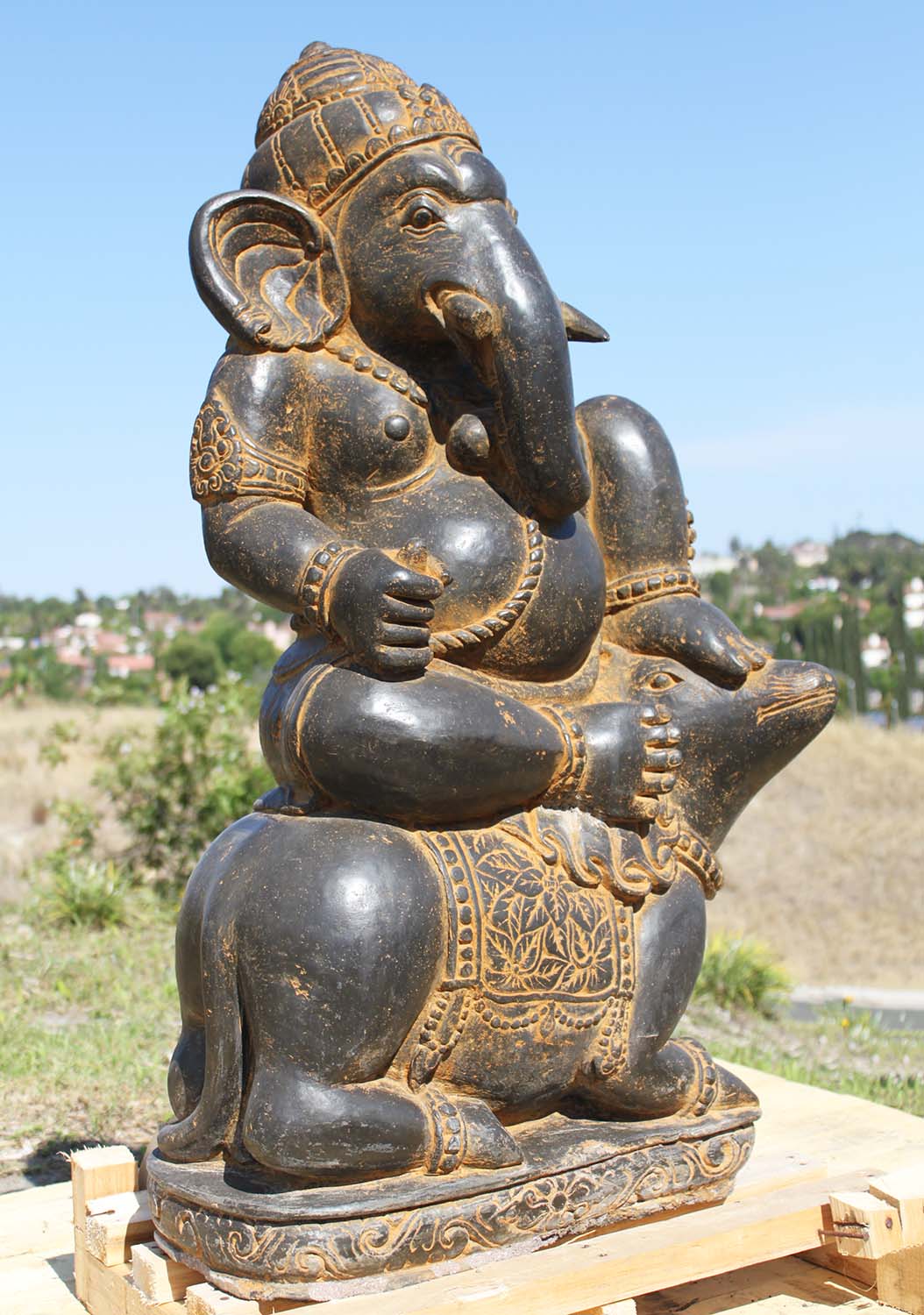Stone Ganesh Seated on Rat, Mooshika 43"