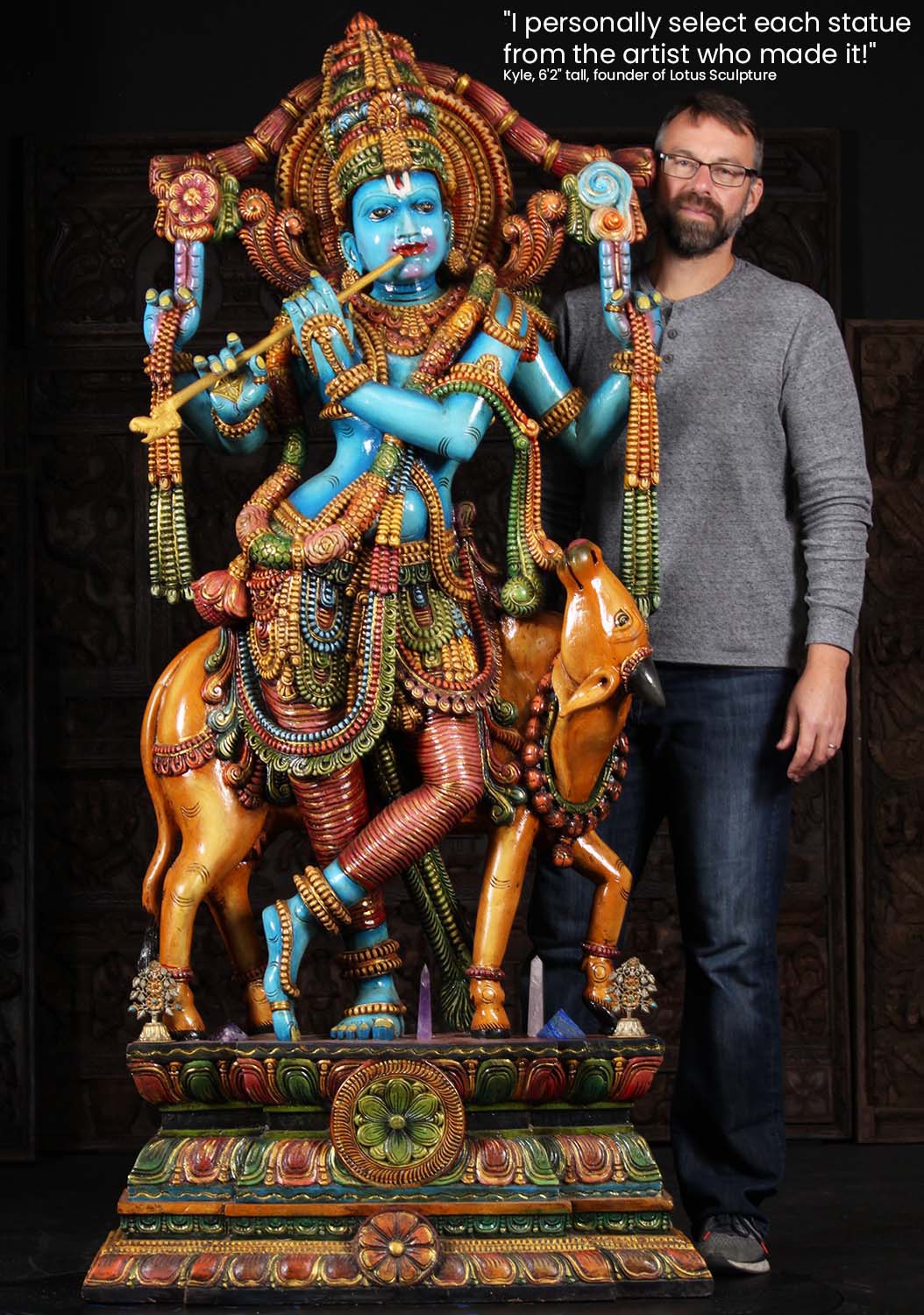 Large Blue Krishna Playing Flute with Cow 78"
