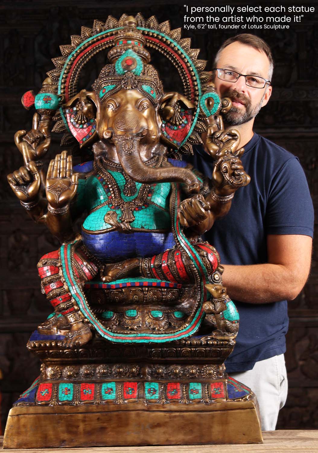 Large Ganesha Brass Statue with 6 Arms Abhaya Mudra with Colored Stones & Rat Mooshika 45"
