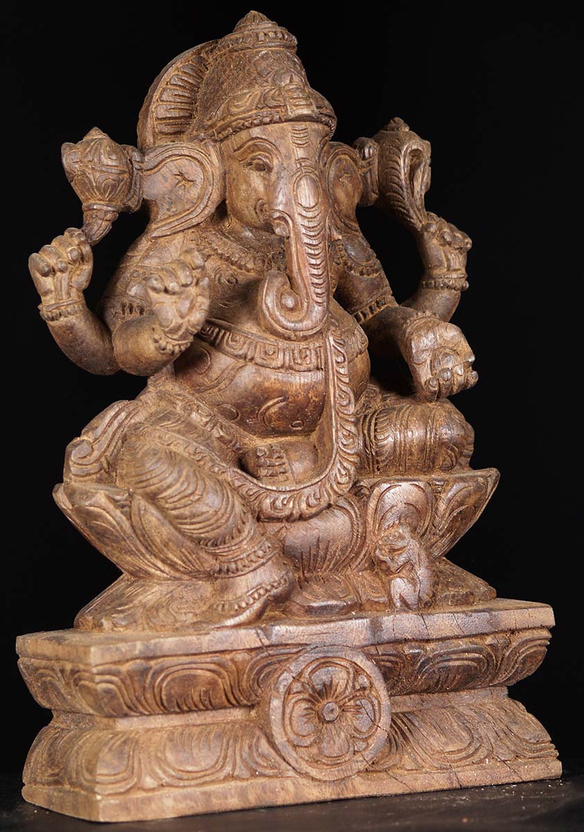 Wood Seated Ganapathi Statue 12"