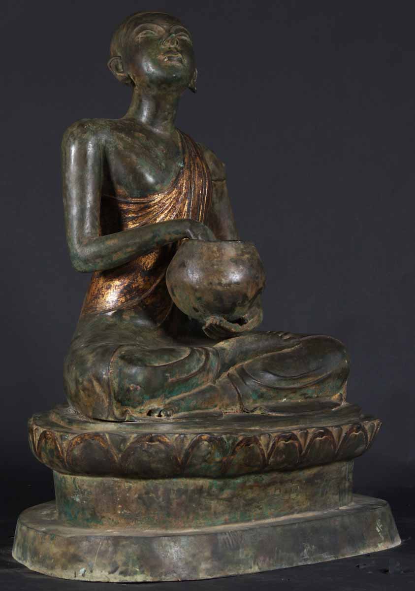 Brass Buddhist Monk Holding Alms Bowl 37"
