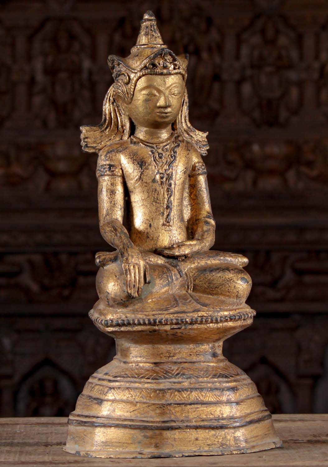 Antique Style Antique Gold Leaf Chiang Rung Style Thai Buddha Sculpture on Throne 17.5"