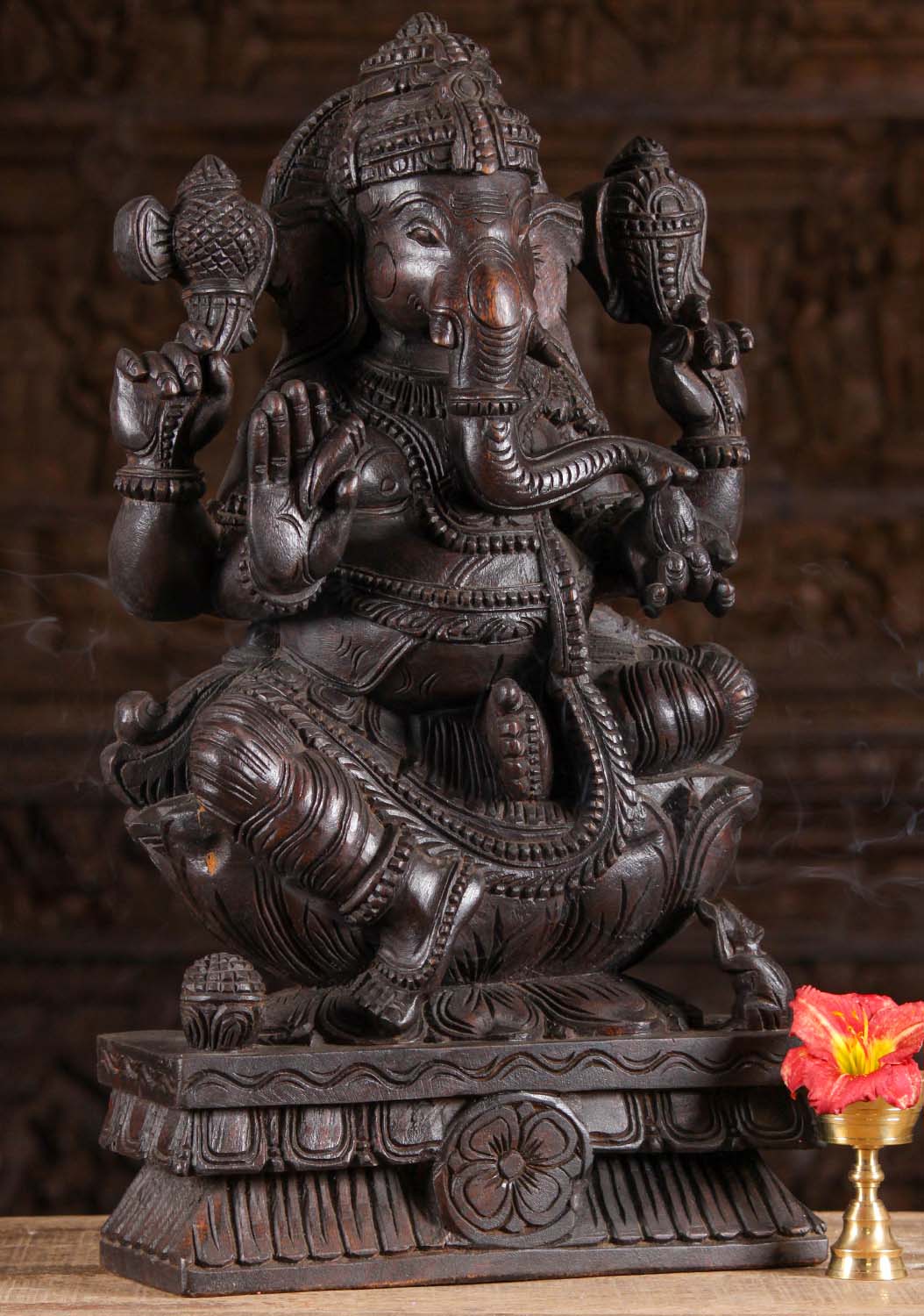 Dark Wood Ganesh with Modak on Lotus Base 24"