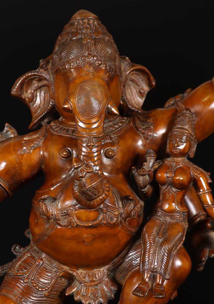Large Brass Dancing Ganapati Statue Holding Lakshmi on His Lap with His Vehicle, the Rat 29"