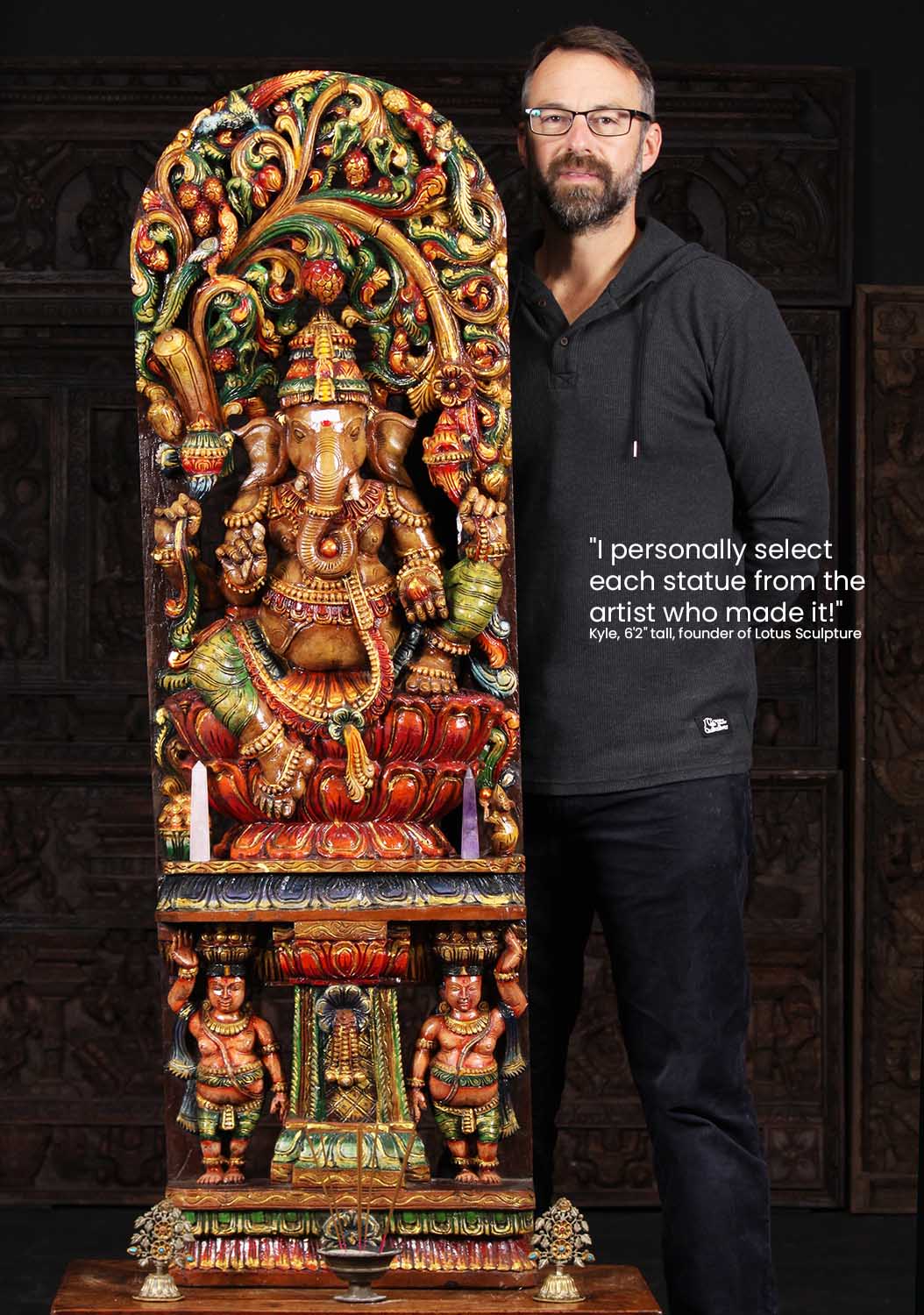 Wood Carving of Hindu God Ganesh Seated in Relaxed Pose, Lalitasana Position with 2 Gana 60"