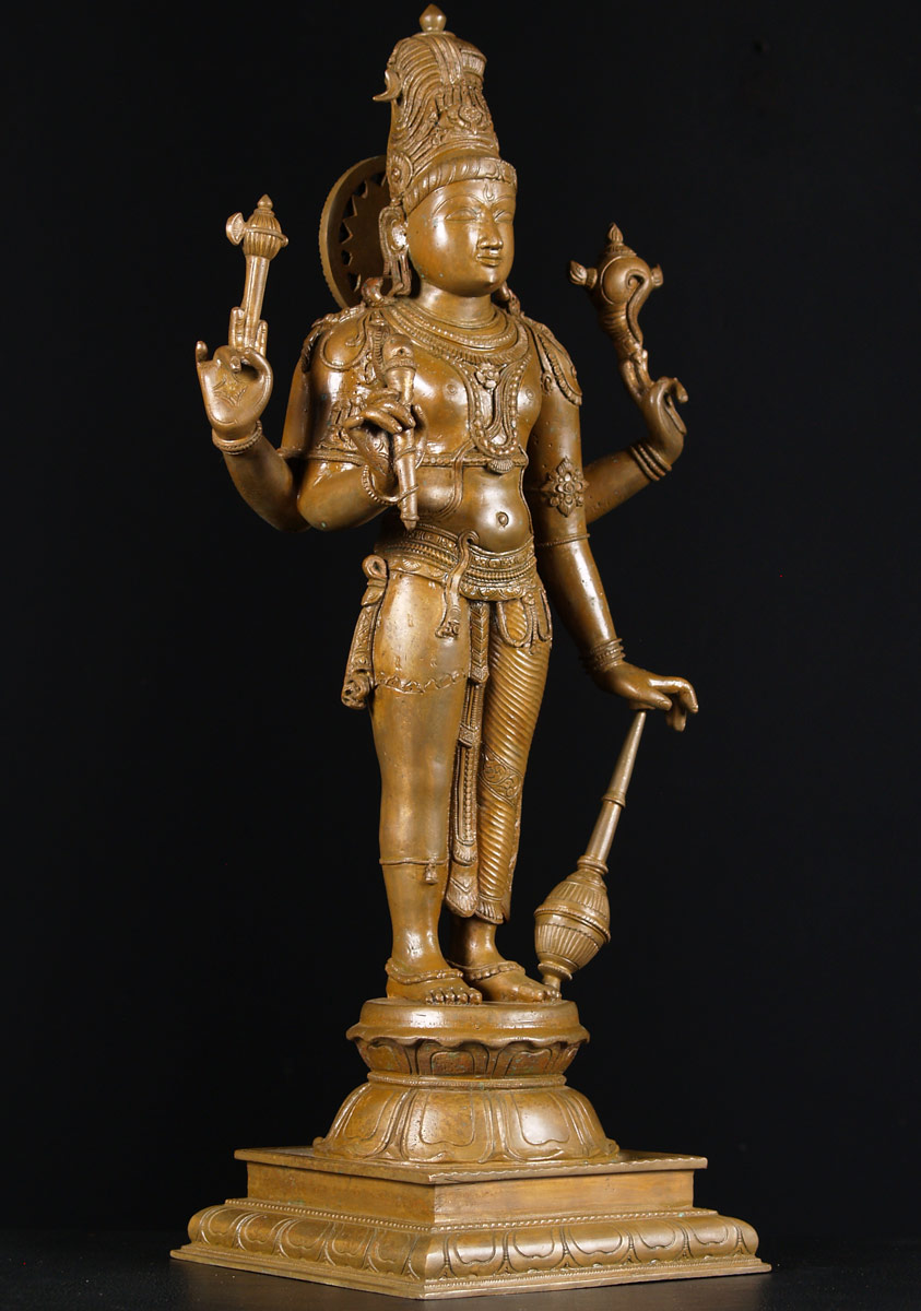 Bronze Standing Hariharan, Half Shiva, Half Vishnu Murti with Club, Ax, Staff, and Conch 24"