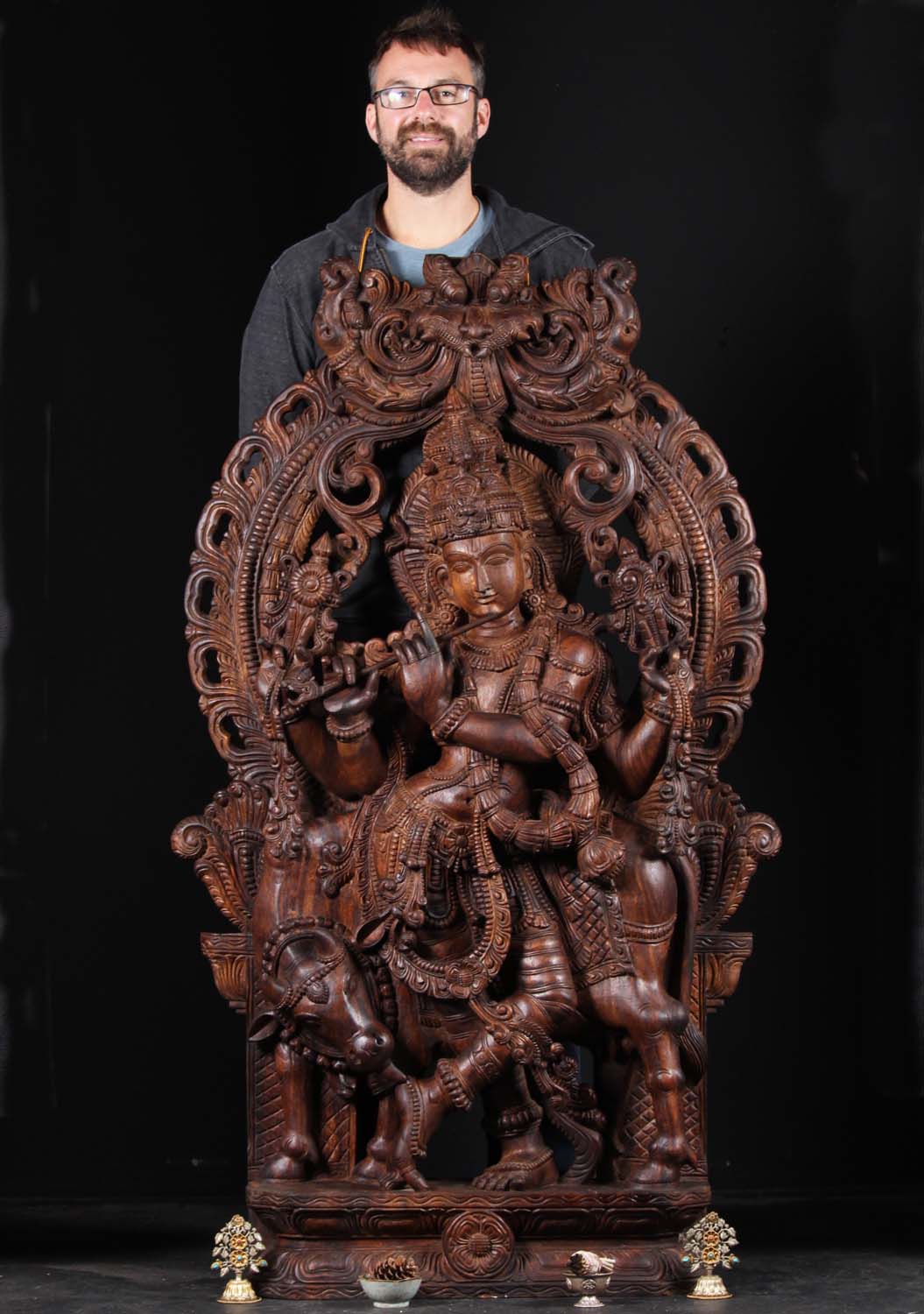 Krishna Vishnu Statue Playing Flute with Cow 60"