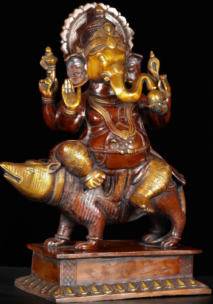 Beautiful Brass Statue of Ganesh Riding His Vehicle, the Large Rat, Mooshika Statue 18"
