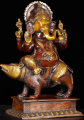 Beautiful Brass Statue of Ganesh Riding His Vehicle, the Large Rat, Mooshika Statue 18"