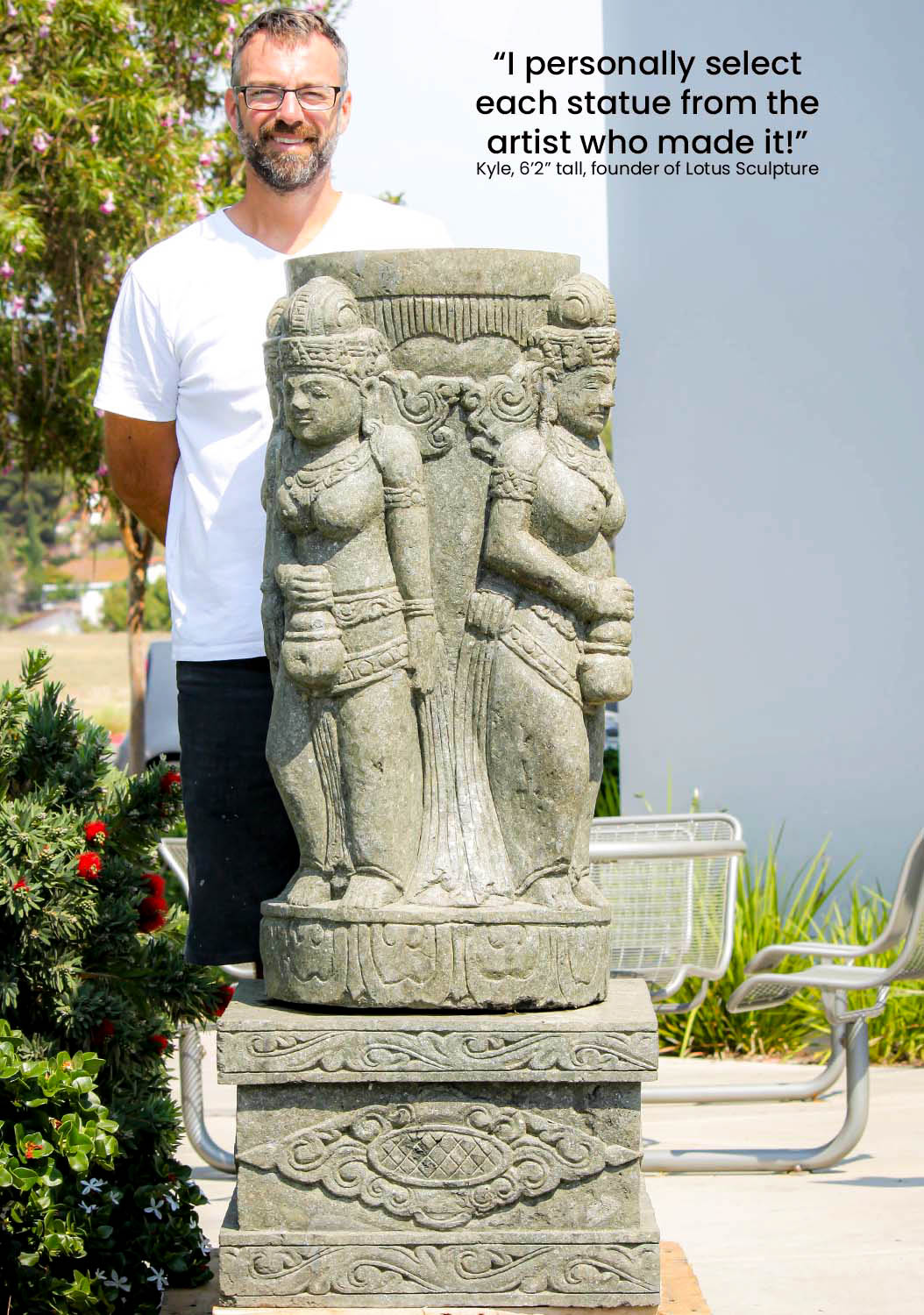 Stone Garden Planter or Bird Bath with 4 Devi Parvatis Carved in Bas-Relief with Base 55"