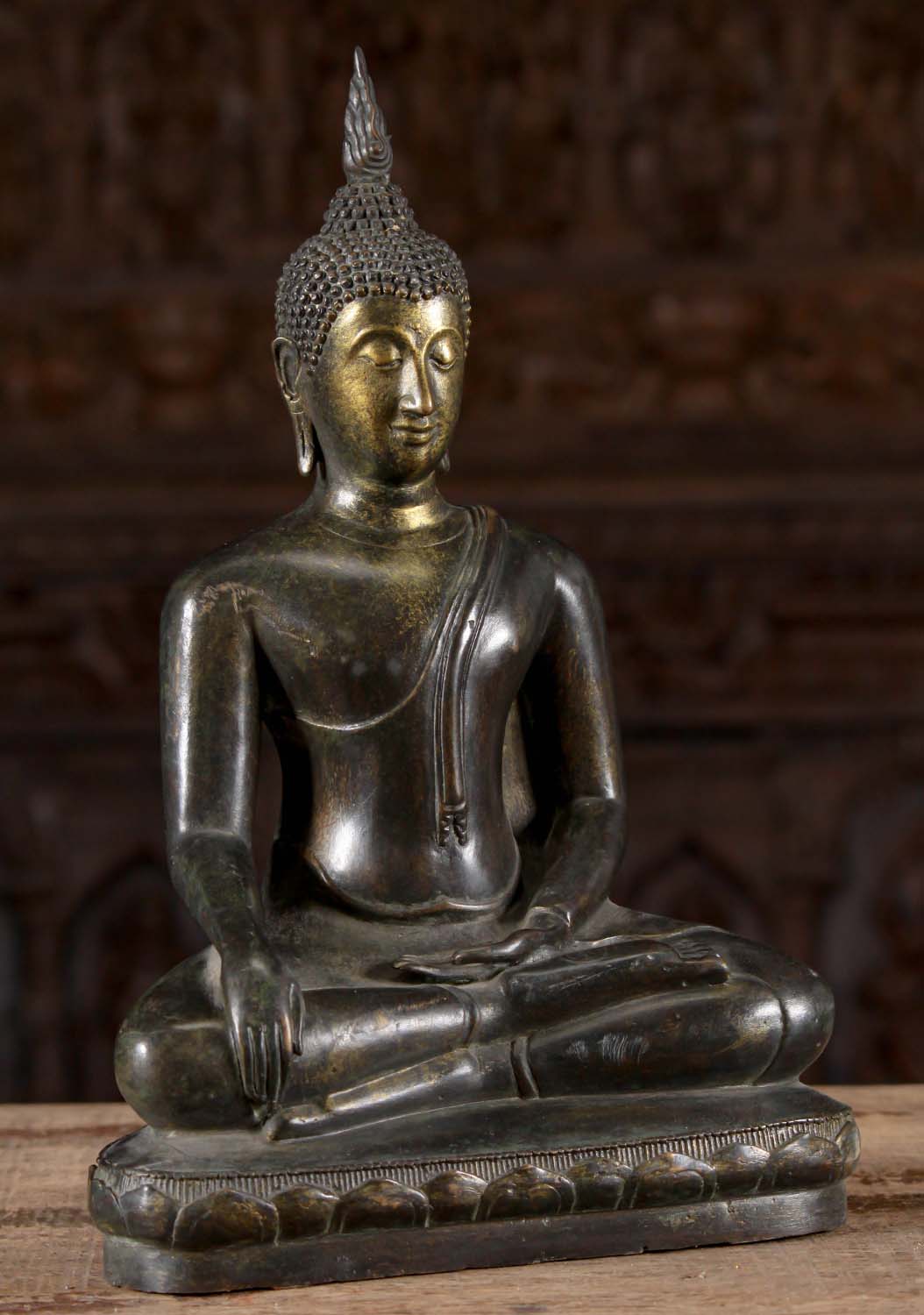 Brass Thai Earth Touching Ardha Padmasana Half Lotus Seated Buddha Statue 14"