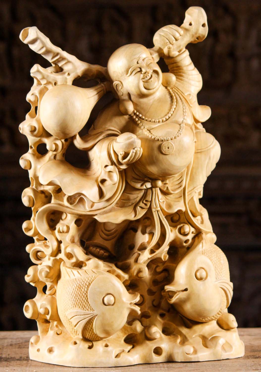 Wood Fat & Happy Buddha Statue Leaping Over Waves of the Ocean with 2 Fish Swimming 18"