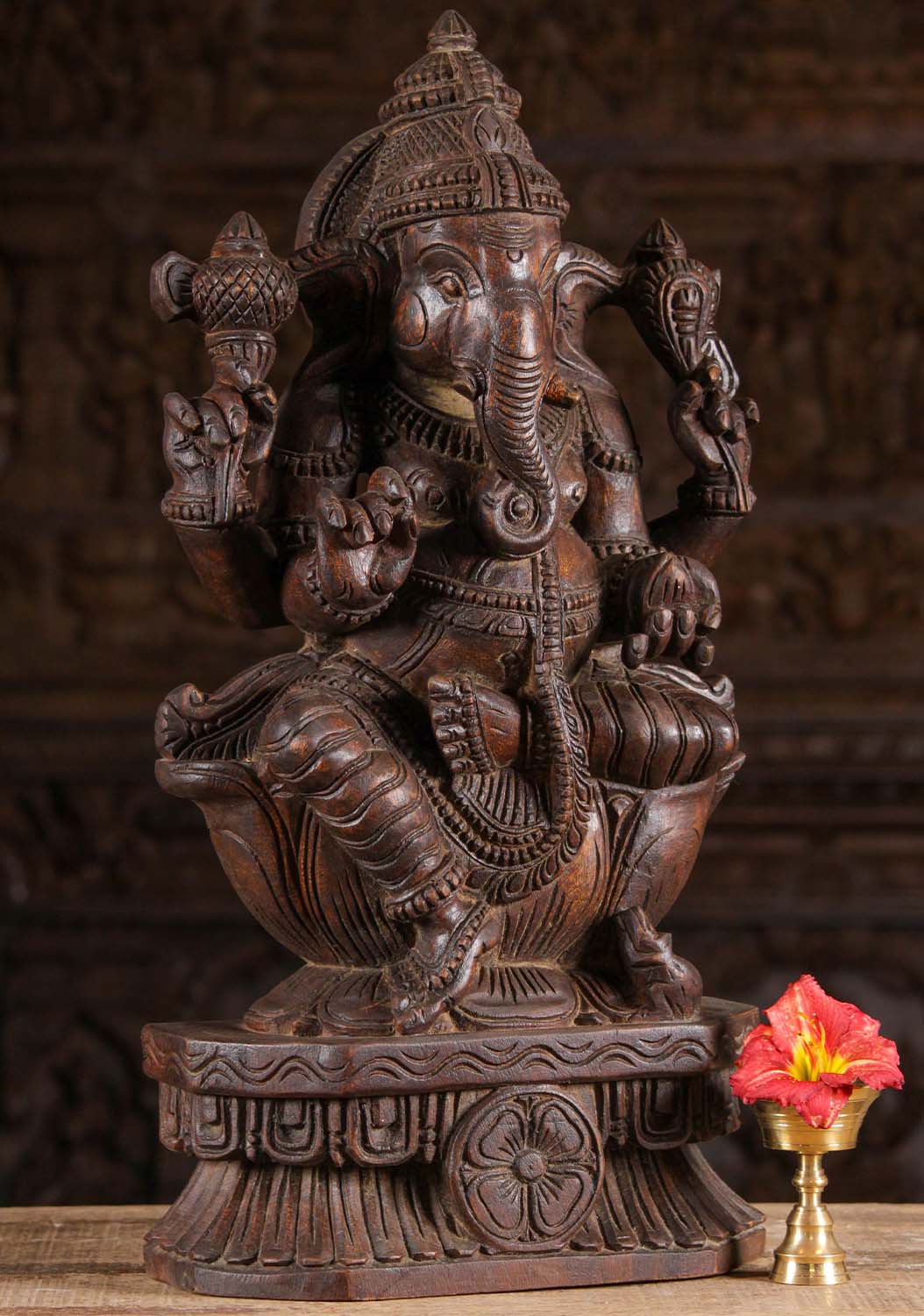 Wood Ganesh Seated on Lotus Base 24"