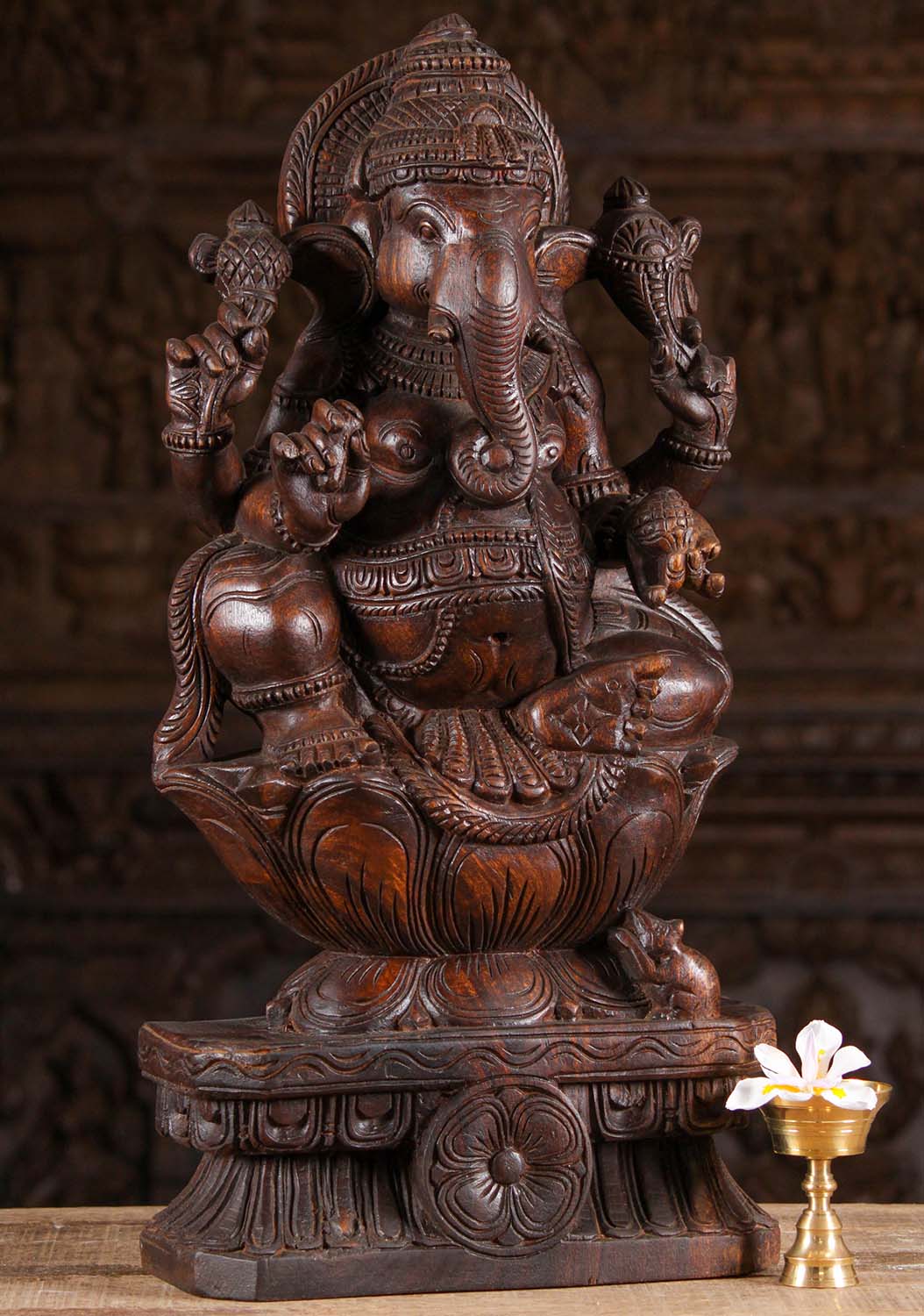 Wood Ganesh Seated on Double Lotus Base 24"