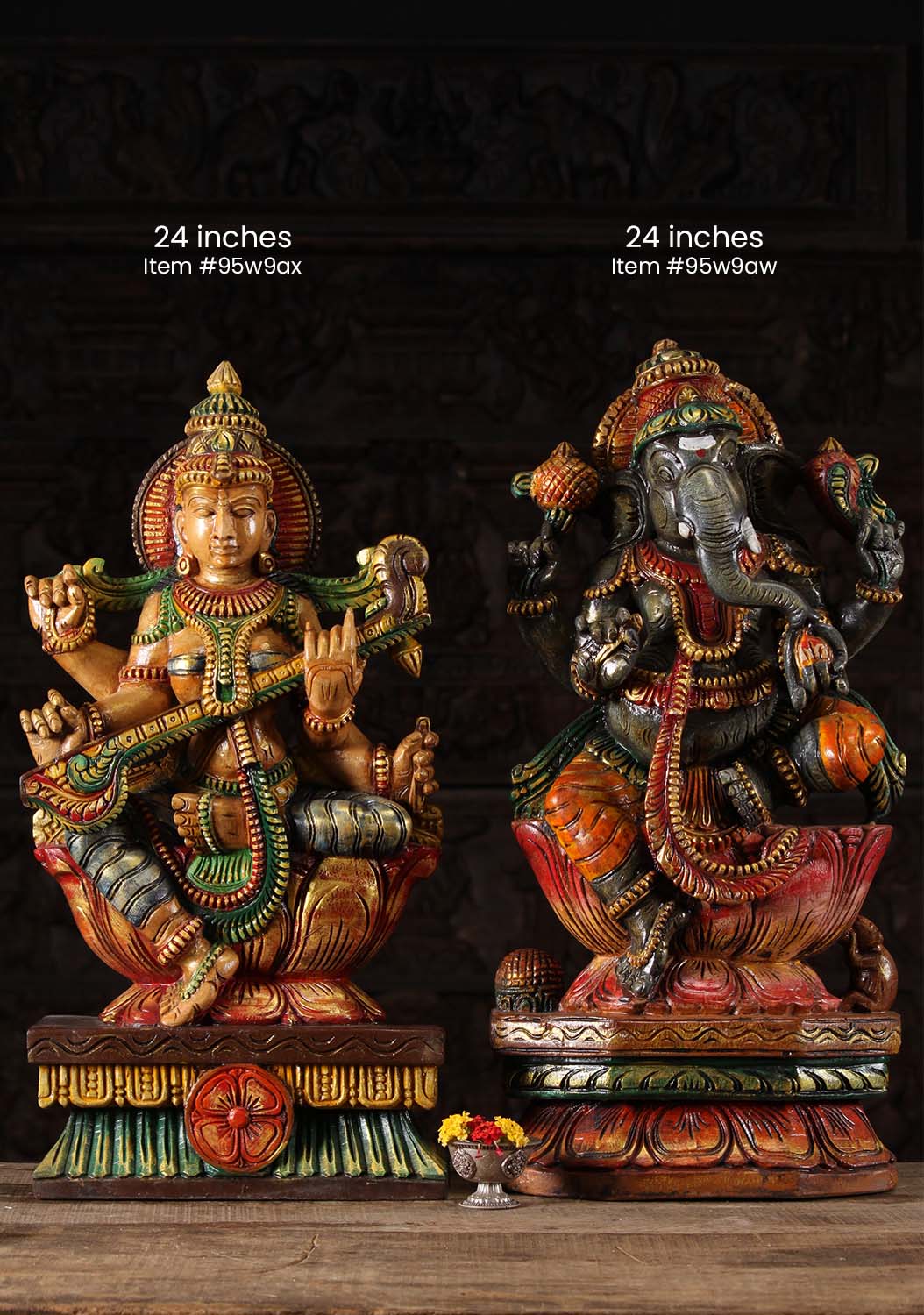Wooden Ganesh Statue with Left Facing Trunk 24"