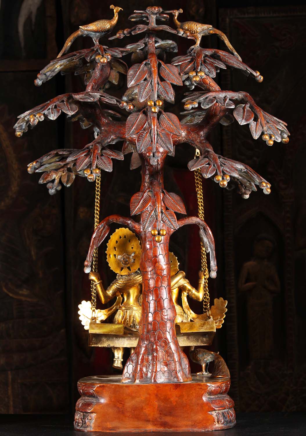 SOLD Gold & Copper Brass Radha Krishna in Loving Embrace Statue Seated on Swing  with Peacock 34"