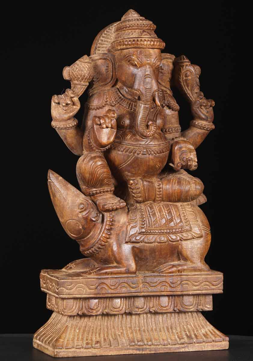 Wood Ganesh Seated on Mooshika 18"