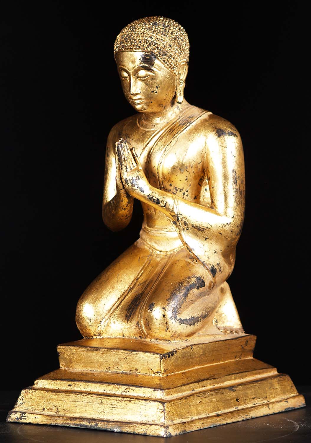Brass Buddhist Monk Statue Kneeling in Prayer in the Anjali Mudra or Namaste Hand Position 17"