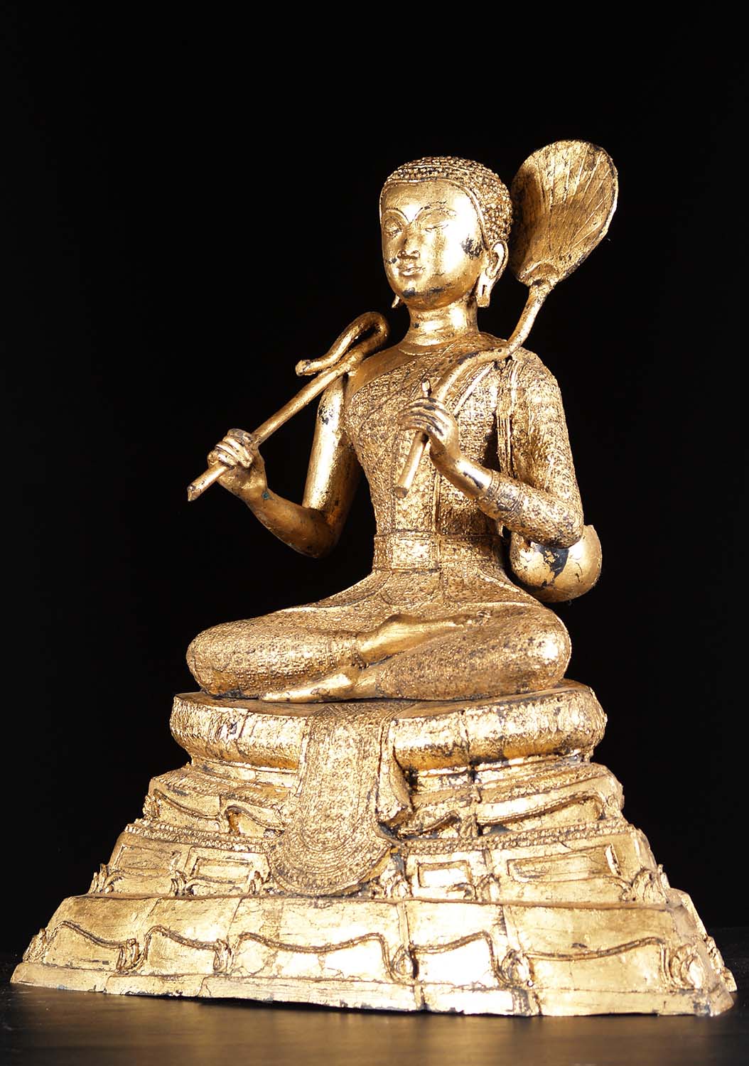 Unique Antique Gold Leaf Buddha Statue Holding Fan & Wish Stick to Bless Devotees on Throne 26"