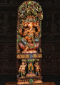 Wood Tri Mukthi Ganapathi Sculpture on Lotus Base with 2 Dwarf Gana Carrying Offerings 48"