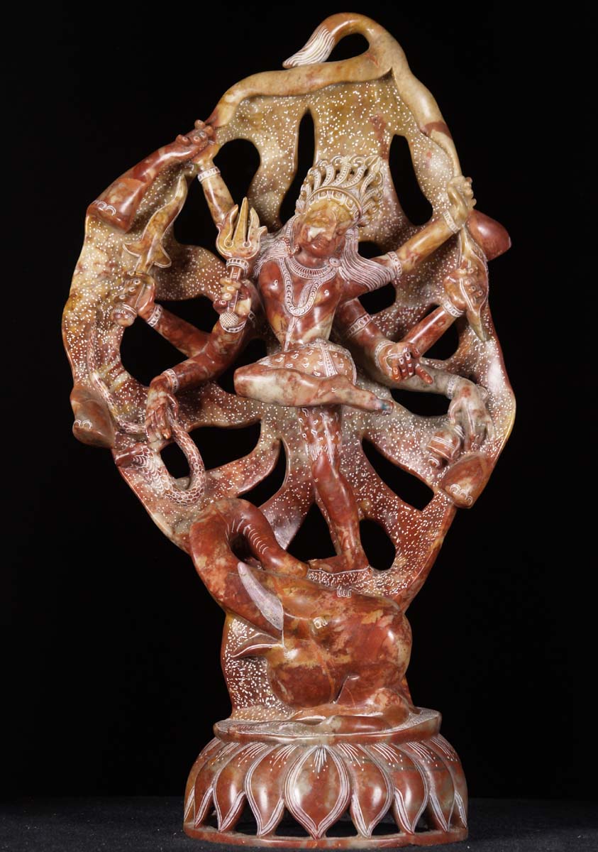 Lord Shiva Battling the Elephant Statue on Lotus Base Red Gorora Hand Carved Marble 20"