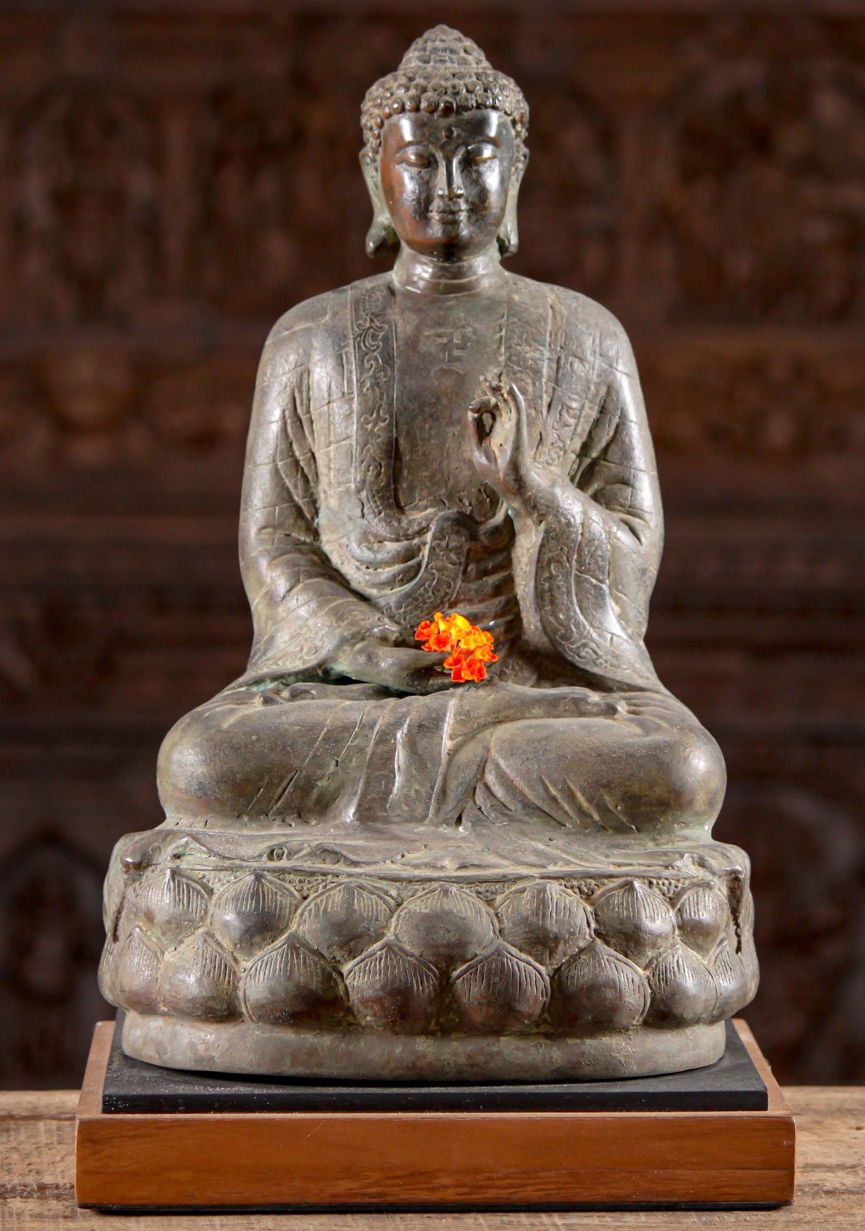 Bali Brass Buddha Statue on Wood Stand 19"