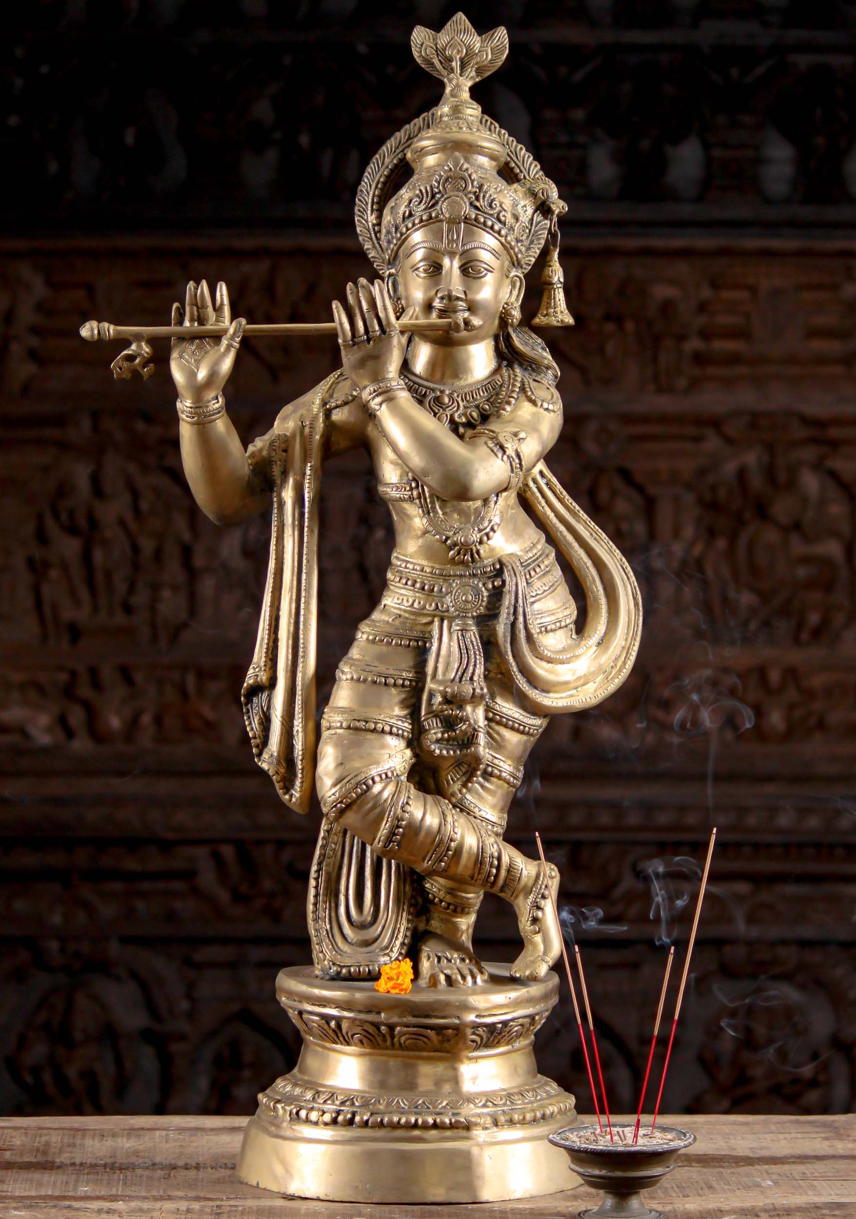 SataanReaper PresentsBrass Flute Playing Krishna Statue 6 X 2 X 2 Golden#SR-0128 
