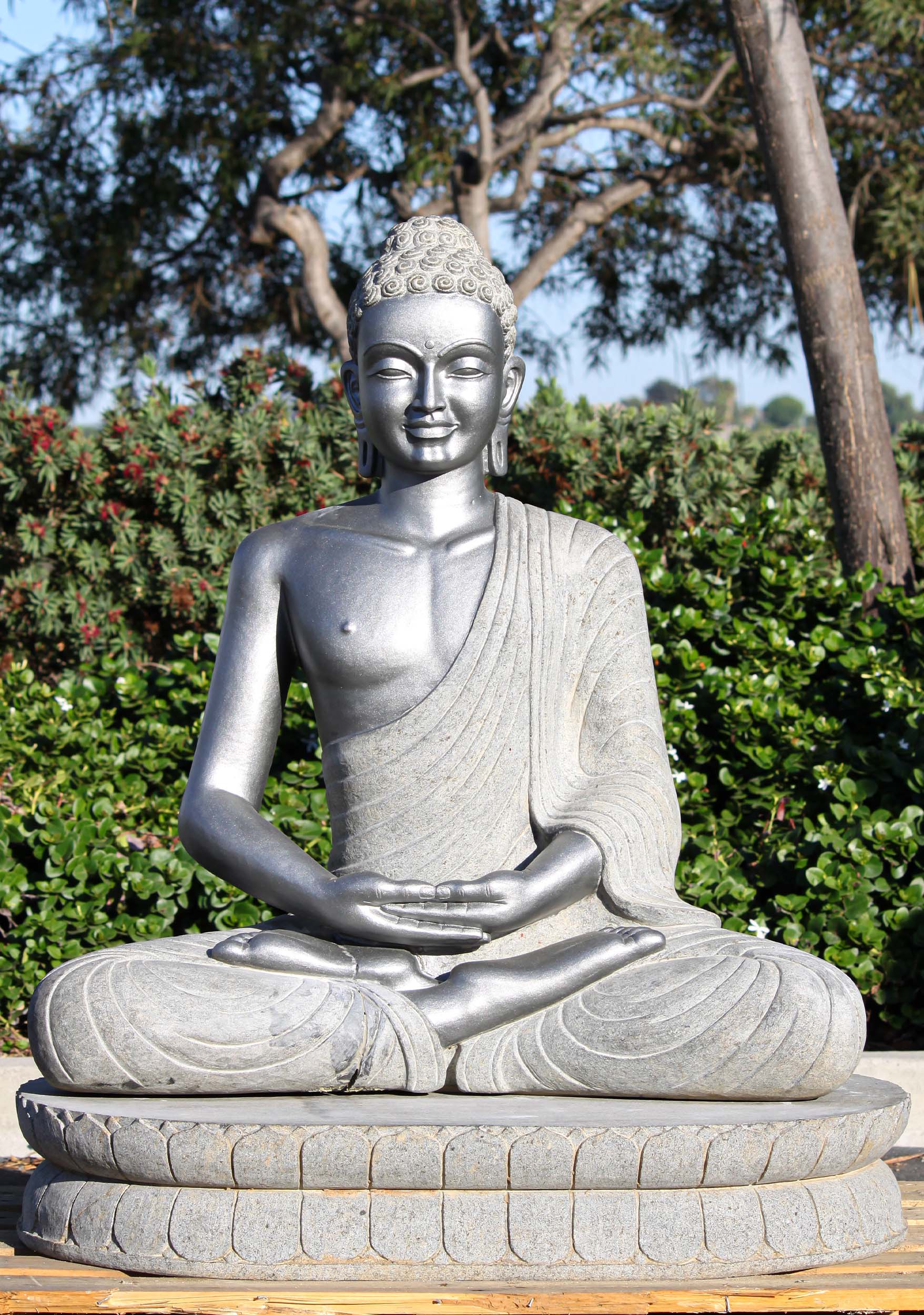 Stone Silver Meditating Buddha Sculpture 43"