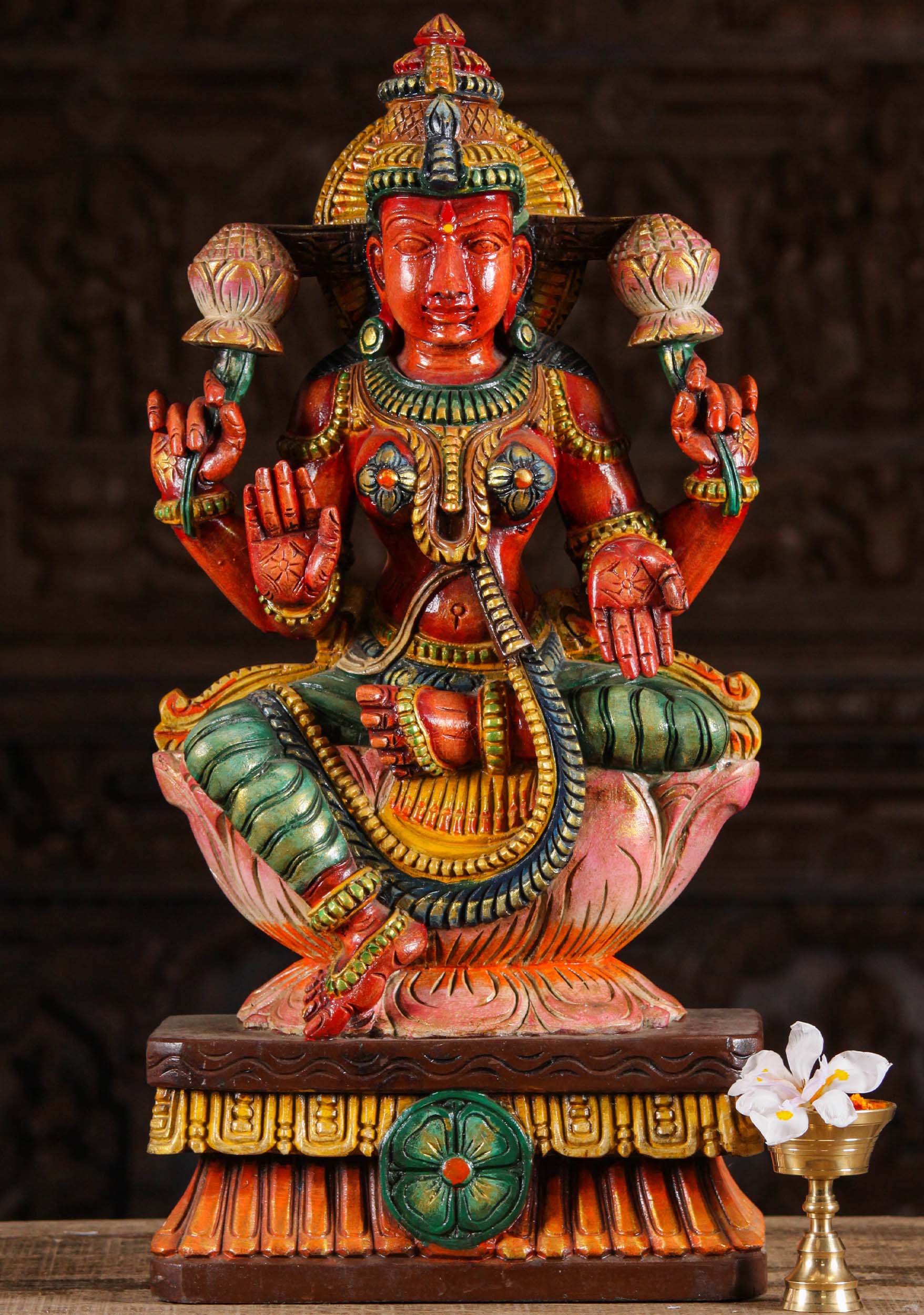 Red Painted Abhaya Mudra Lakshmi Sculpture Hand Carved in South India 24"
