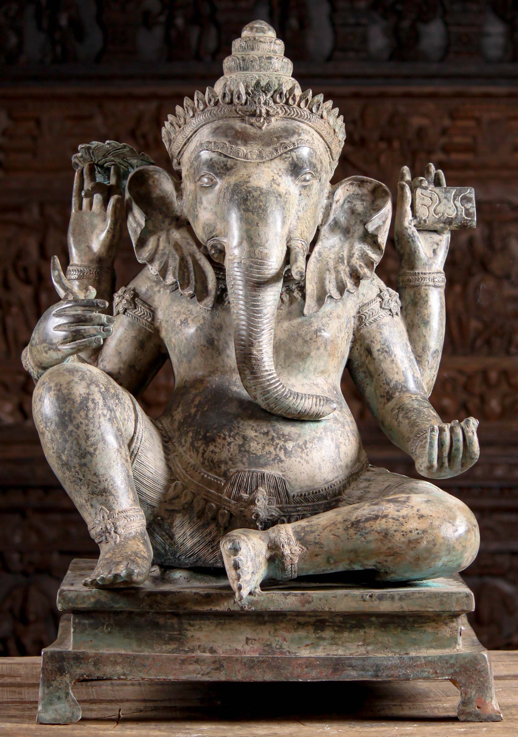 Brass Thai Style Seated Ganesha Statue with Beautiful Antique Patina 33"