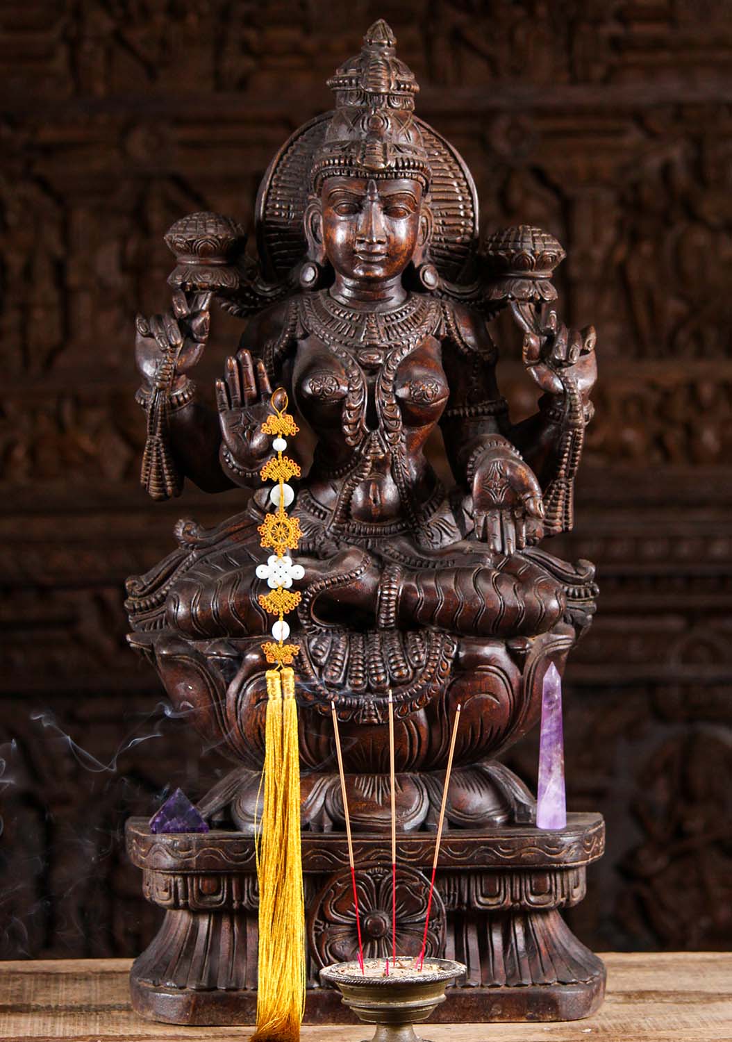 Wood Lakshmi Statue Seated in Padmasana 30"