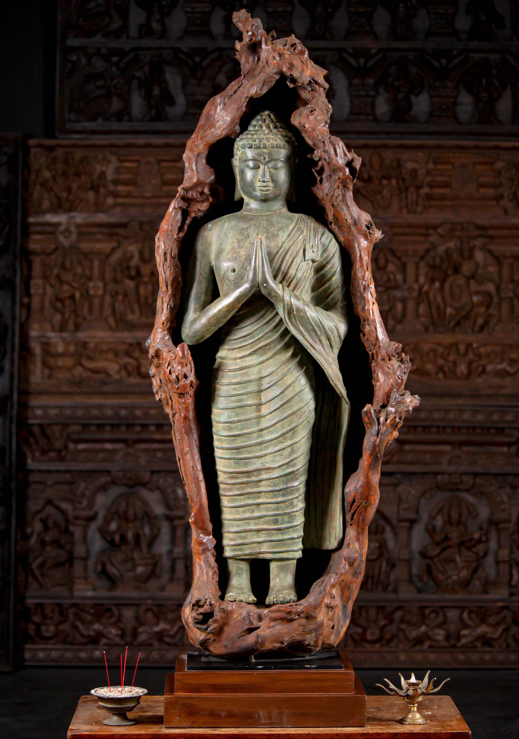 Unique Brass Standing Buddha Statue in Namaste or Anjali Mudra Encased in Natural Wood 52"