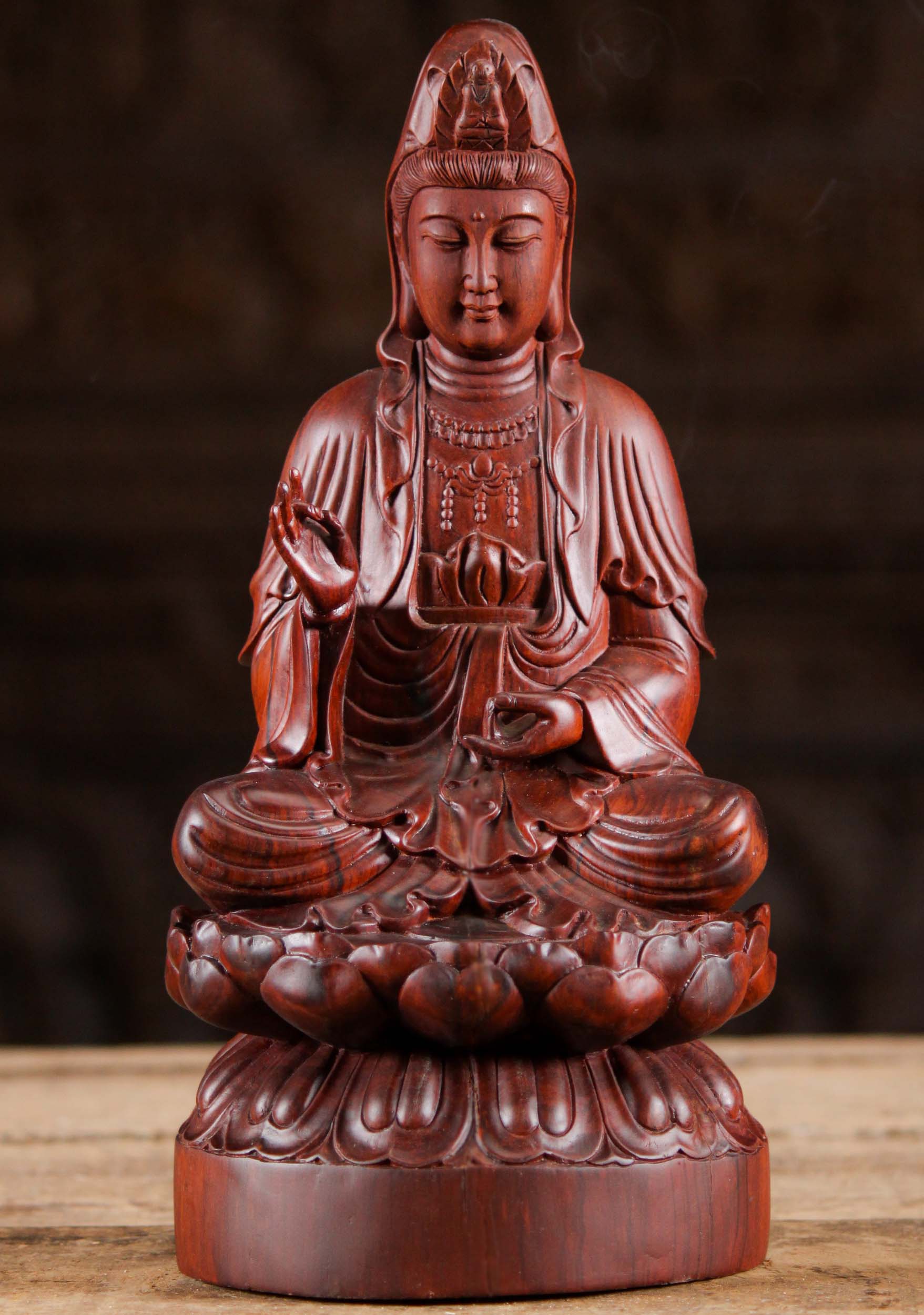Stone Kuan-Yin in Meditation Pose on Lotus Statue