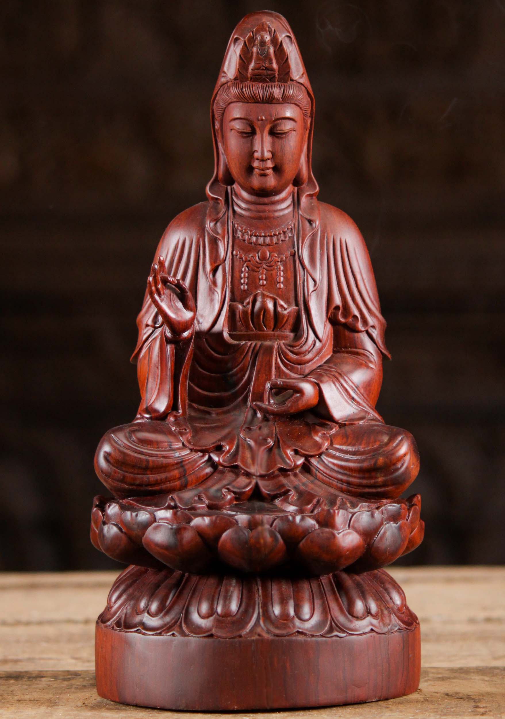Wood Sculpture of Seated Kwan Yin on Lotus Base with Hands in Vitarka & Dhyana Mudras 12"