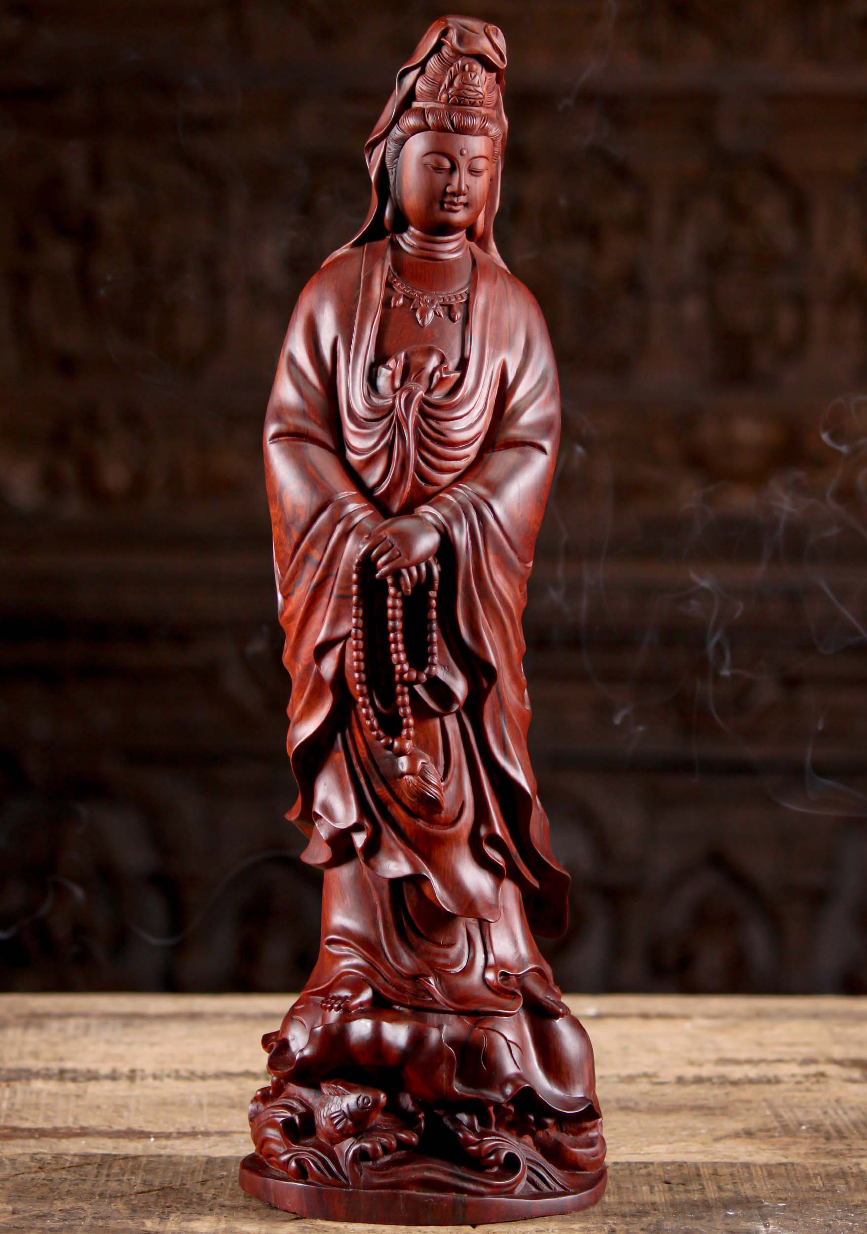 Vietnamese Rose Wood Standing Kwan Yin Statue 20"